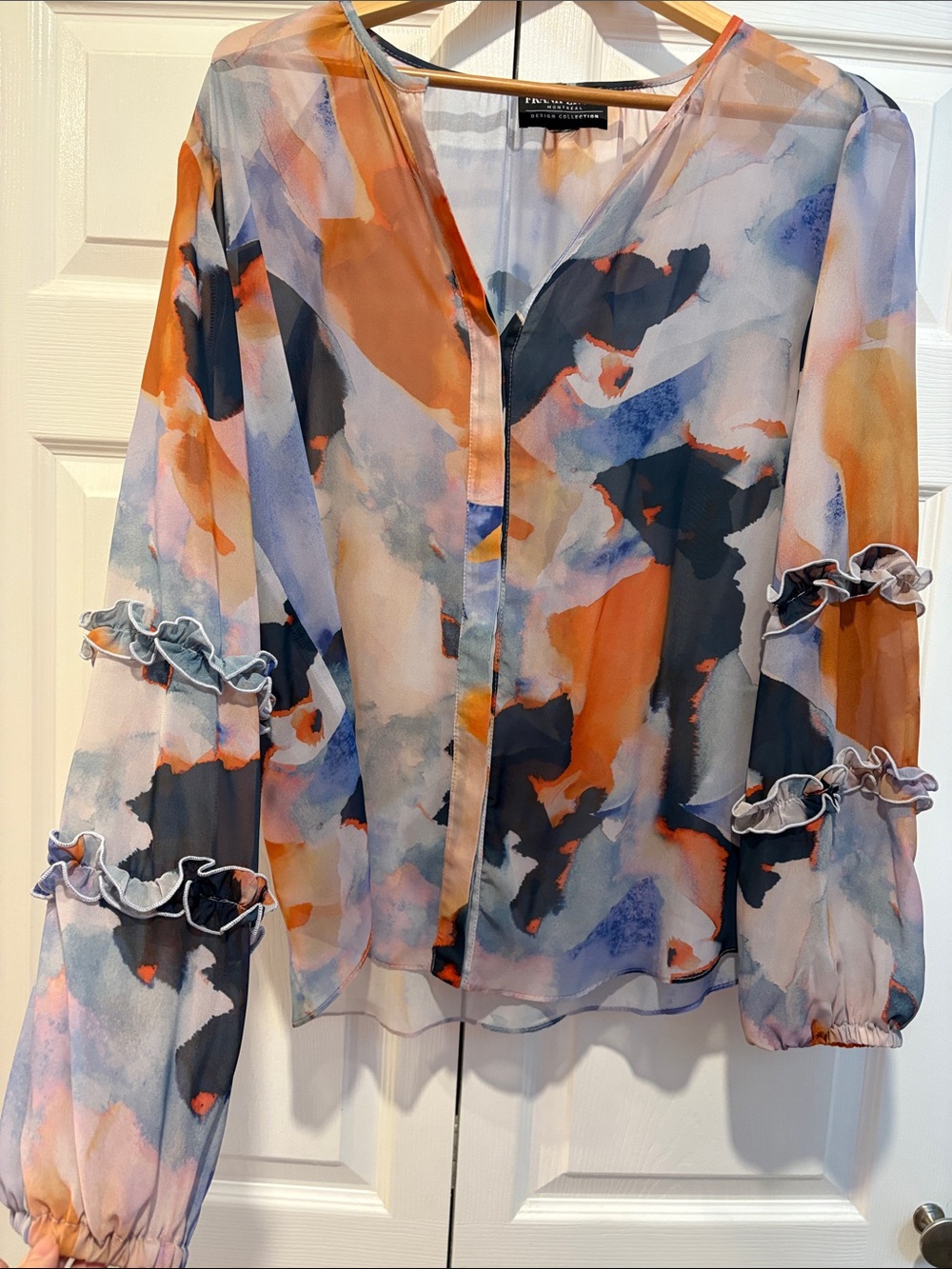 Frank Lyman Design Watercolor Ruffle-Sleeve Blouse in Orange, Blue & Navy